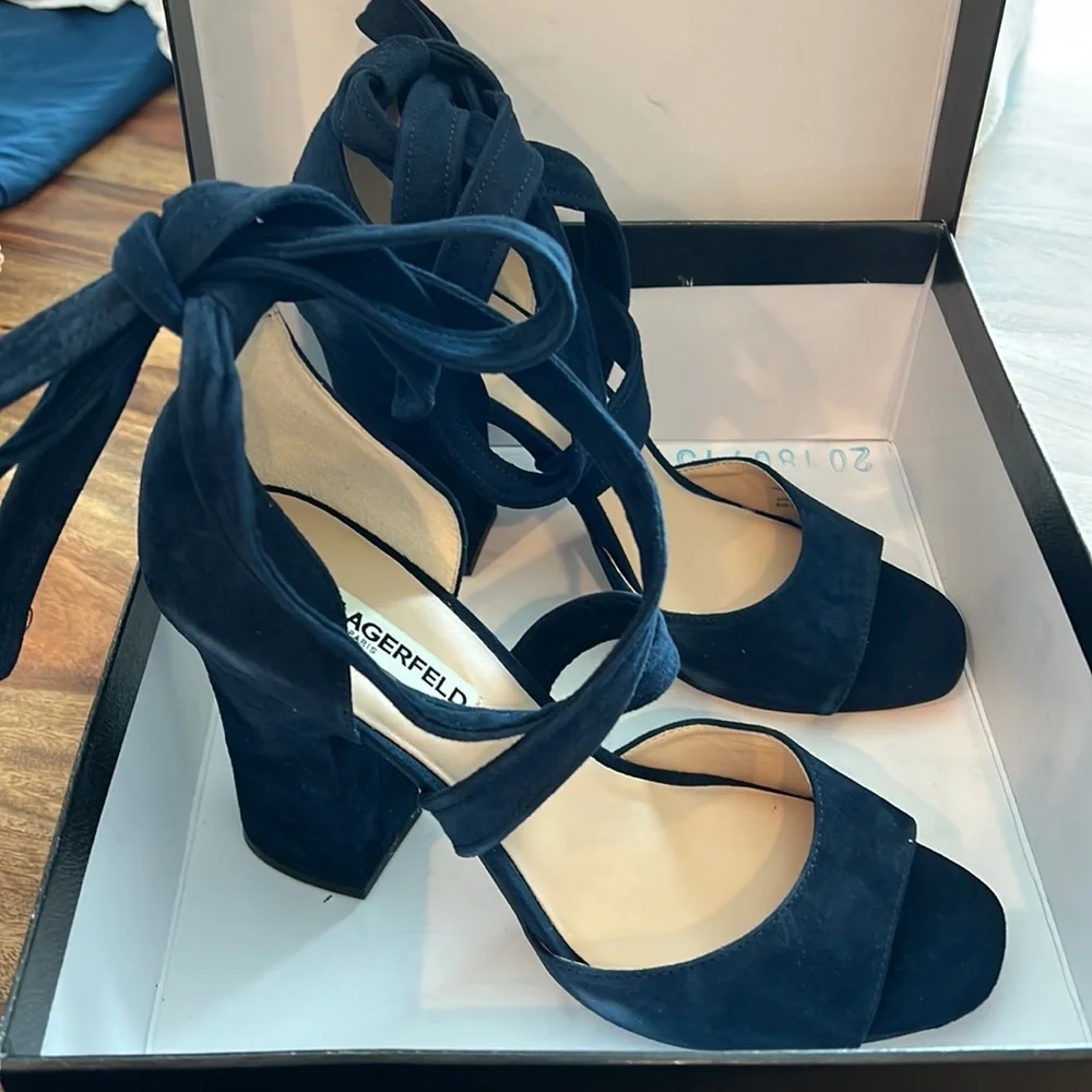 Karl Lagerfeld Navy Blue Suede Wrap-Ankle Block Heel Sandals
